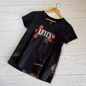 Levis Top SZ XS Black The Perfect Tee Bleached Logo Cactus Flower Short Sleeve